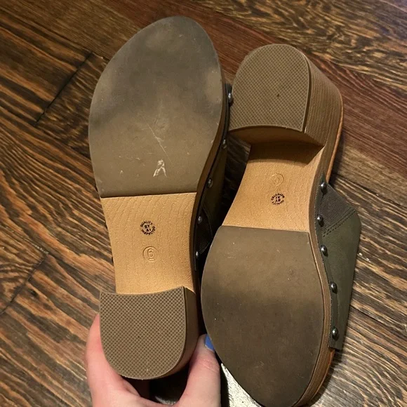 a.n.a Olive Green Mules with Light Brown Heel - Picture 2 of 4